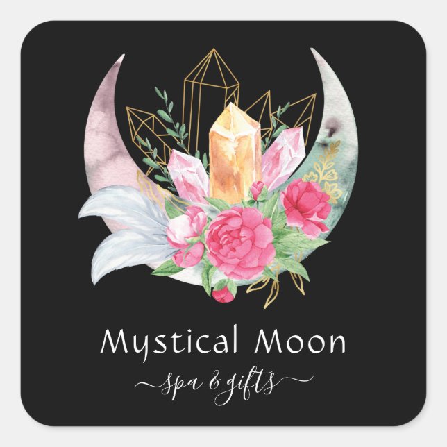 Sticker Carré Boho Moon Crystals Plumes Fleurs roses Esotériques (Devant)
