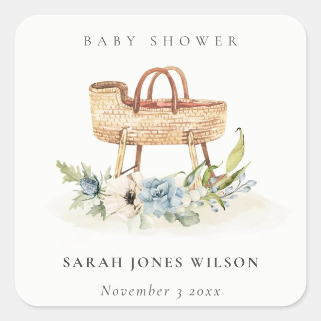Sticker Carré Boho Nursery Blue Floral Bassinet Baby shower (Devant)