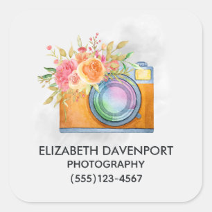 Sticker Carré Boho Orange Caméra & Fleurs Aquarelle Entreprise