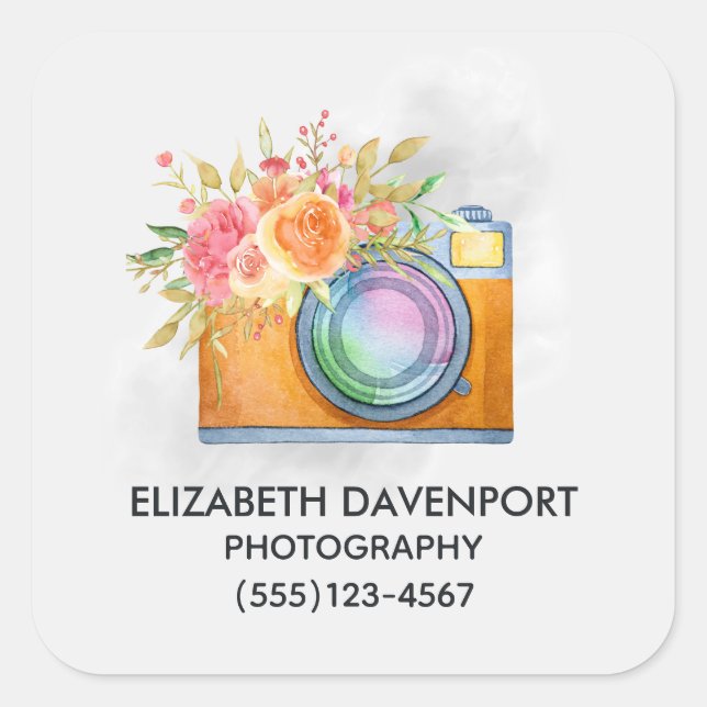 Sticker Carré Boho Orange Caméra & Fleurs Aquarelle Entreprise (Devant)
