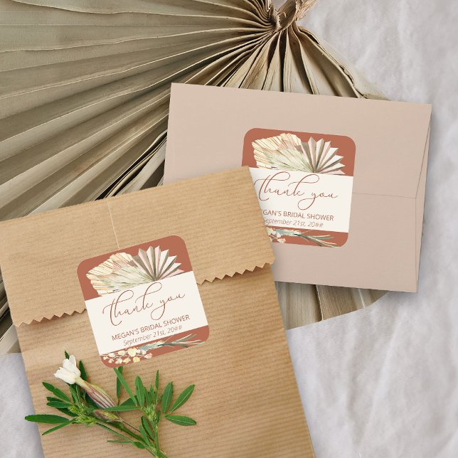 Sticker Carré Boho Palm Séché Foliage Terracotta Merci (Thank you stickers from my Boho Palm Bridal Shower Collection)