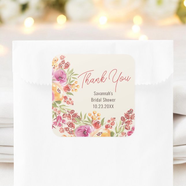 Sticker Carré Boho Peint Fête des mariées florale Merci (Boho Painted Floral Bridal Shower Thank You Square Sticker)