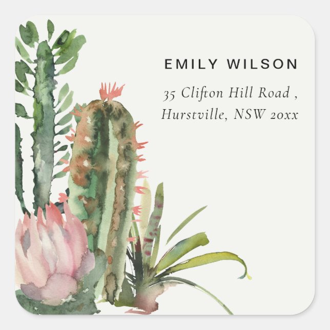STICKER CARRÉ BOHO PINK FLORAL DESERT CACTI ADRESSE FOLIAGE (Devant)