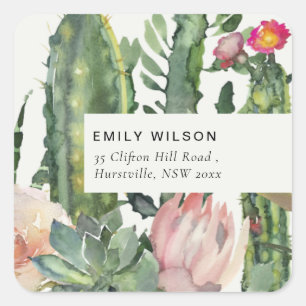 STICKER CARRÉ BOHO PINK FLORAL DESERT CACTI ADRESSE FOLIAGE