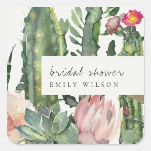 STICKER CARRÉ BOHO PINK FLORAL DESERT CACTI FAUNA FÊTE DES MARIÉ