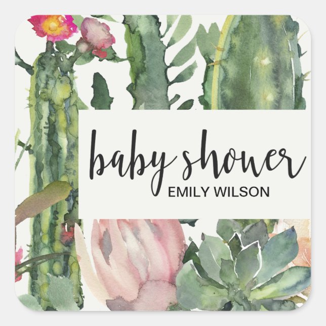 STICKER CARRÉ BOHO PINK FLORAL DESERT CACTI FOLIAGE BABY SHOWER (Devant)