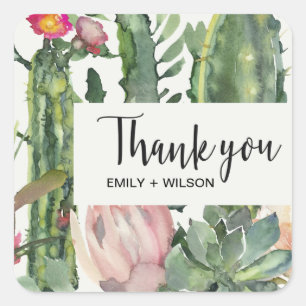 STICKER CARRÉ BOHO PINK FLORAL DESERT CACTI FOLIAGE MERCI