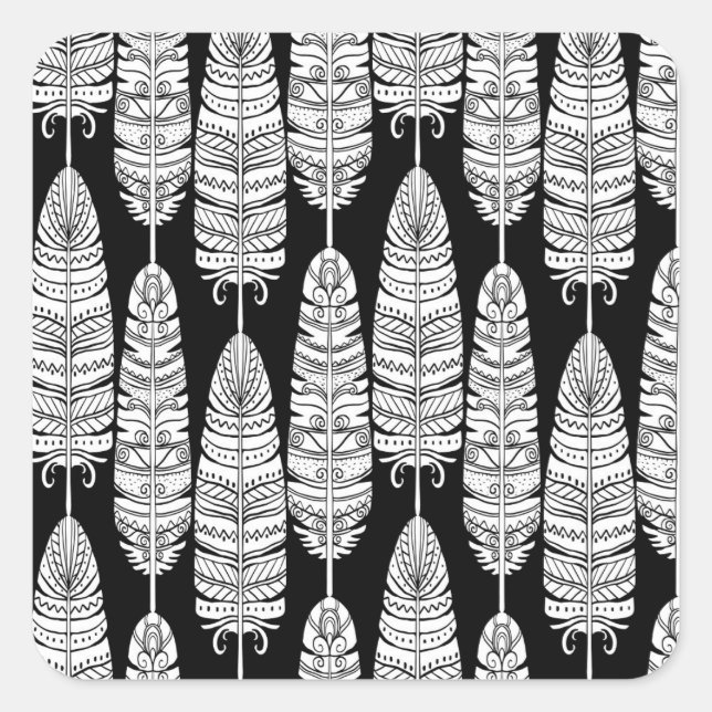 Sticker Carré Boho plumes : motif noir et blanc (Devant)