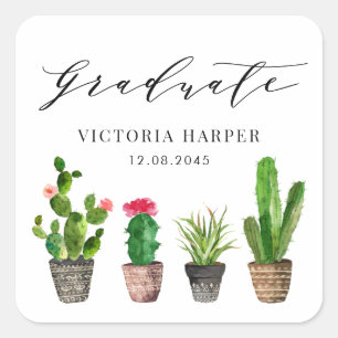 Sticker Carré Boho Pot Succulents et Cactus Graduation
