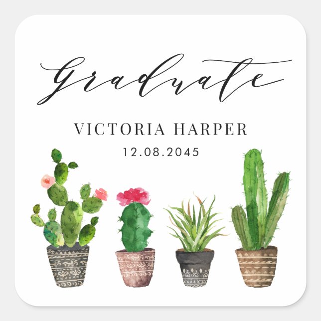 Sticker Carré Boho Pot Succulents et Cactus Graduation (Devant)