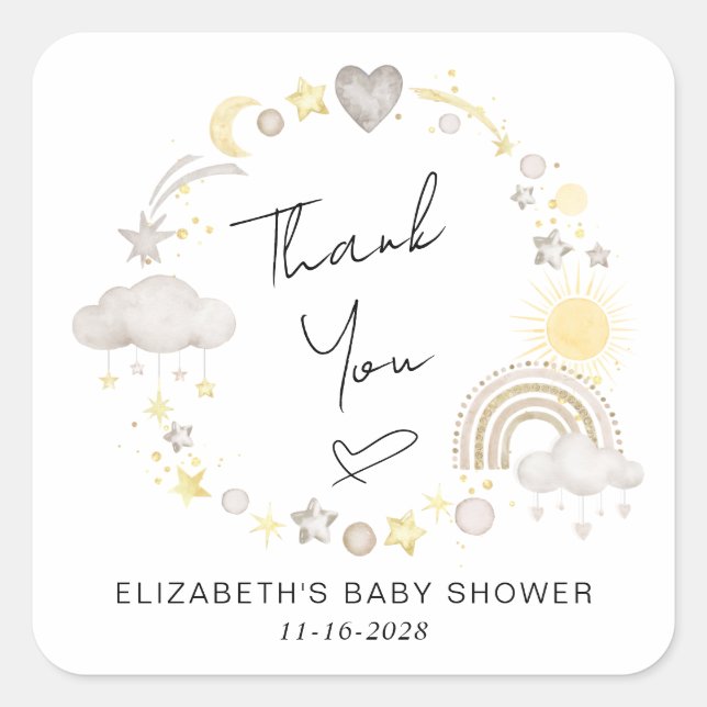 Sticker Carré Boho Rainbow Baby shower Merci (Devant)