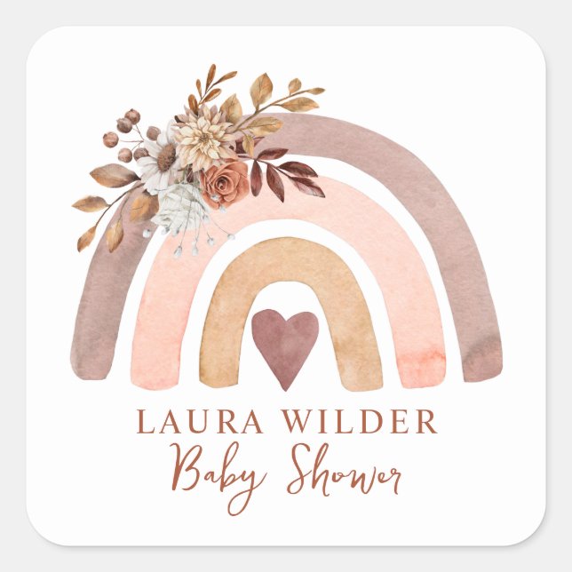 Sticker Carré Boho Rainbow Terracotta Brown Baby shower rouille (Devant)