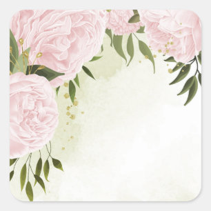 Sticker Carré Boho rose fleurs vert feuille botanique