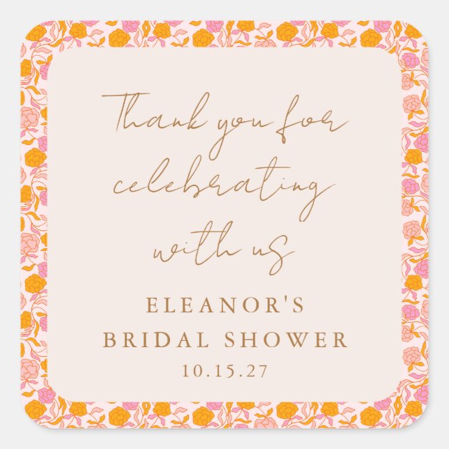 Sticker Carré Boho rose Orange Fête des mariées Florale Merci (Devant)
