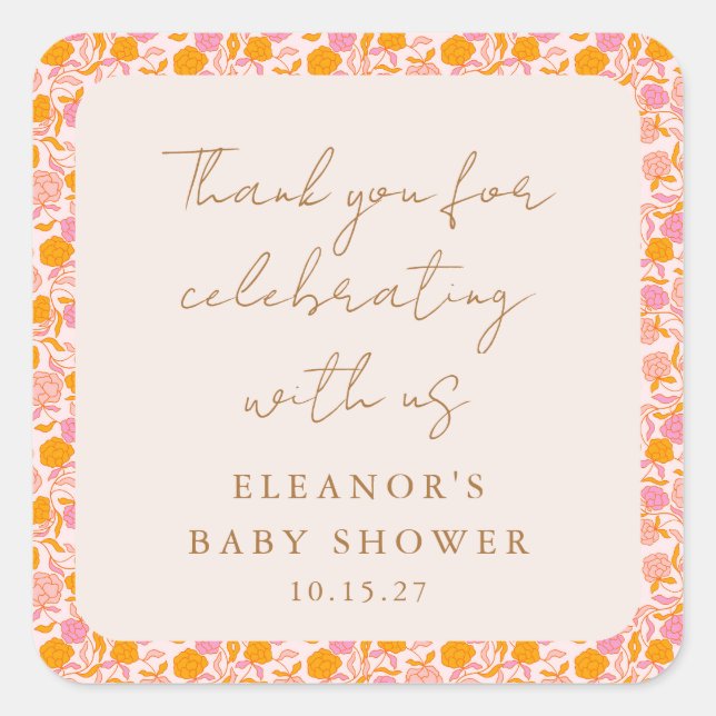 Sticker Carré Boho rose Orange Floral Cute Baby shower Merci (Devant)