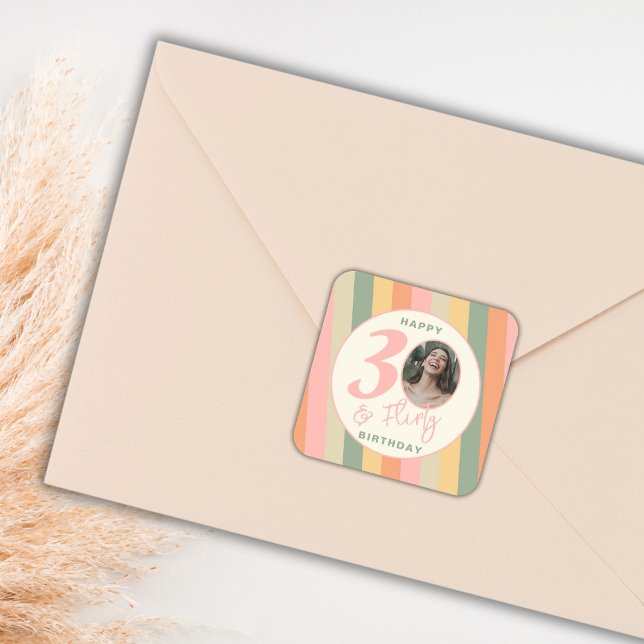 Sticker Carré Boho rose trente et Flirty Photo Anniversaire (Créateur téléchargé)