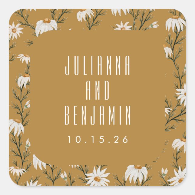 Sticker Carré Boho Rustique Floral Mustard Jaune Mariage Personn (Devant)