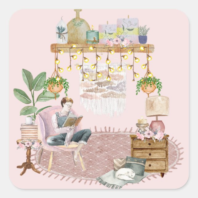 Sticker Carré Boho Salon de Lecture (Devant)