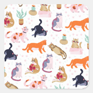 Sticker Carré Boho Summer Cute Cats Green Cactus