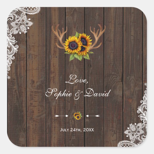 Sticker Carré Boho Sunflowers Antlers Mariage en dentelle de boi (Devant)