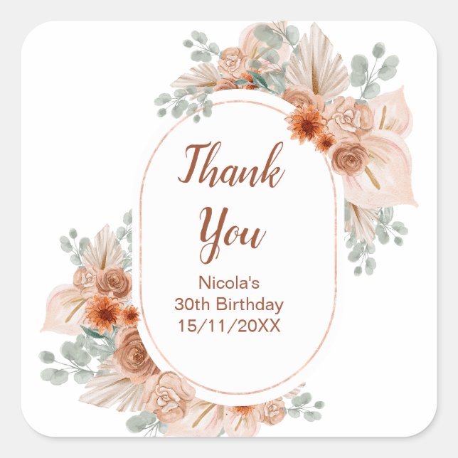 Sticker Carré Boho Terracotta Pampas Grass Birthday (Devant)