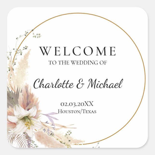Sticker Carré Boho Tropical Botanical | Bienvenue Mariage (Devant)
