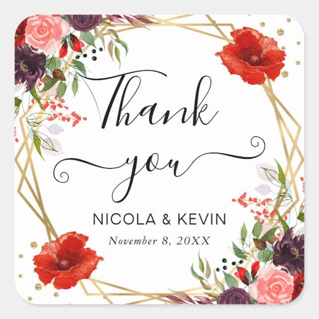 Sticker Carré Boho Watercolor Fall Flowers Gold Frame Mariage (Devant)