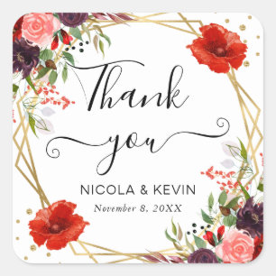 Sticker Carré Boho Watercolor Fall Flowers Gold Frame Mariage