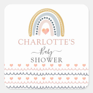 Sticker Carré Boho Watercolor Rainbow Baby shower Invitation