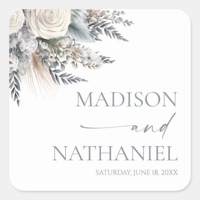 Sticker Carré Boho White Rose Floral Mariage Jardin (Devant)