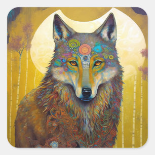 Sticker Carré Boho Wolf Surreal Wildlife Art