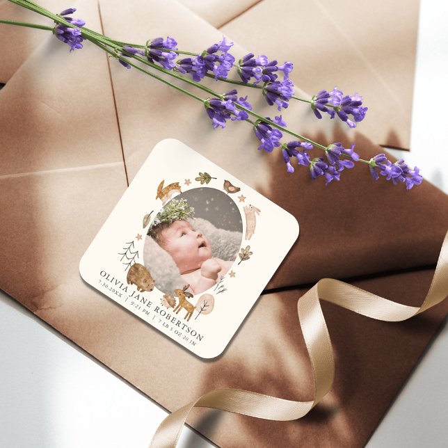 Sticker Carré Boho Woodland Animaux Photo Faire-part de naissanc (Créateur téléchargé)
