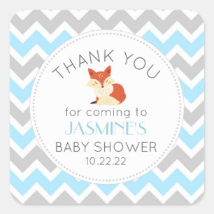 Sticker Carré Bois animal Fox bleu baby shower en faveur