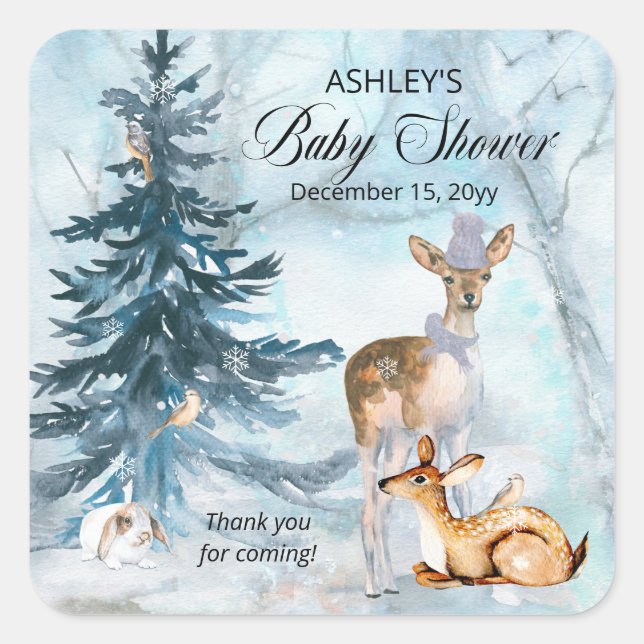Sticker Carré Bois Animaux hiver Boy Baby shower Merci (Devant)