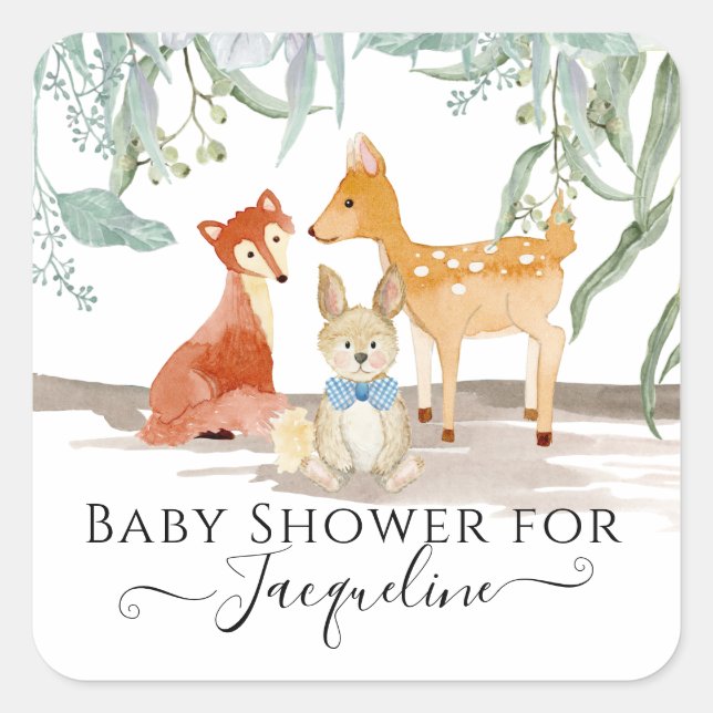 Sticker Carré Bois Animaux Renard Cerf Lapin Bébé Garçon Douche (Devant)