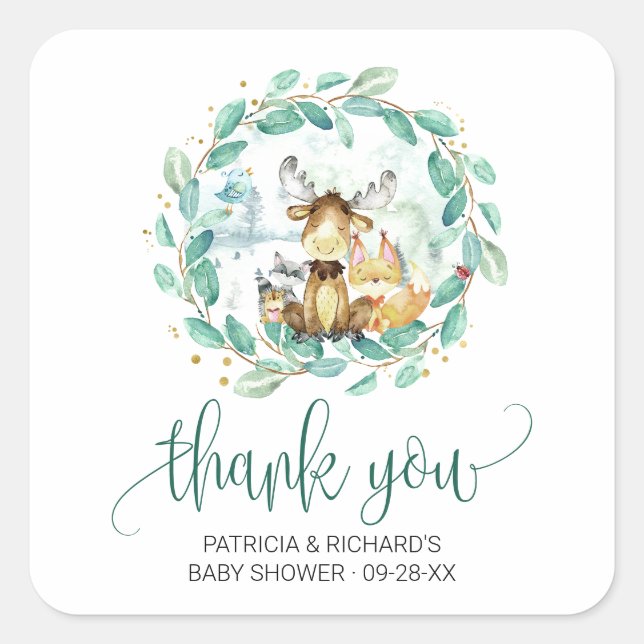 Sticker Carré Bois Animaux Végétation Baby shower Merci (Devant)