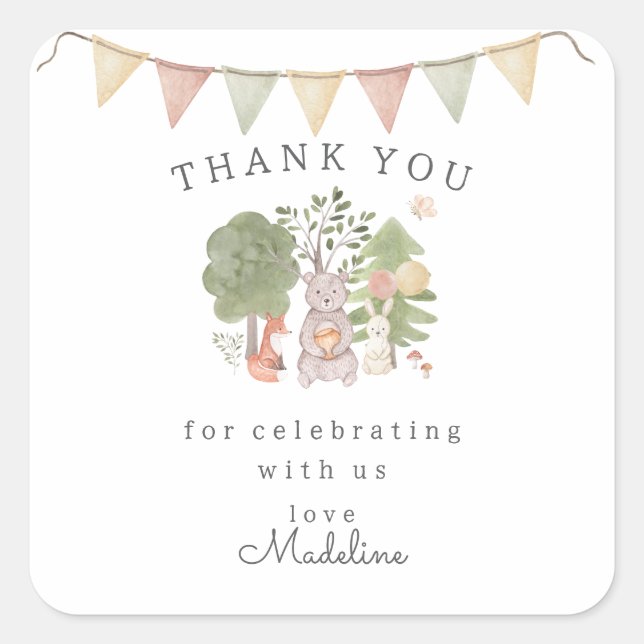 Sticker Carré Bois aquarelle | Amis de la forêt (Devant)