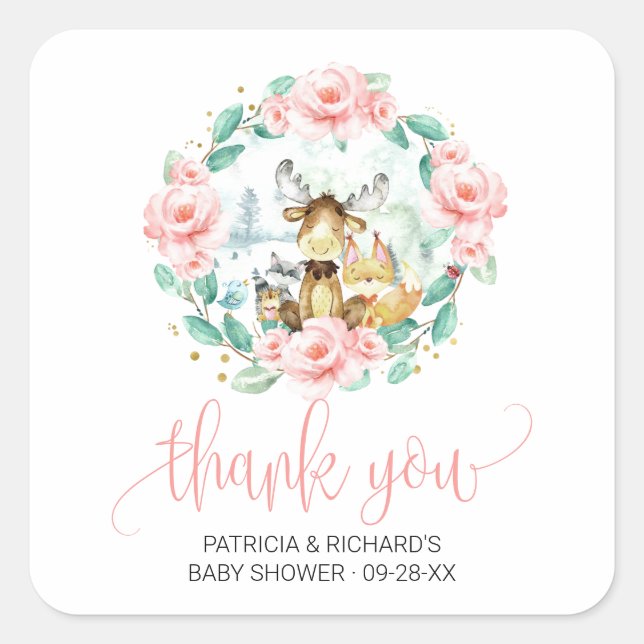 Sticker Carré Bois Baby shower de verdure fleurie Merci (Devant)
