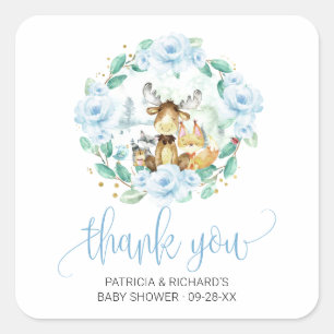 Sticker Carré Bois Baby shower de verdure fleurie Merci
