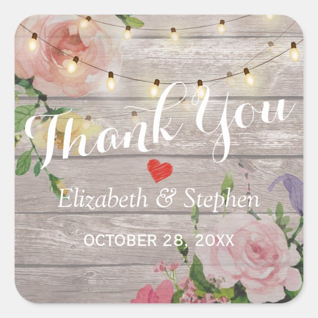 Sticker Carré Bois Floral Chaîne Lumières Mariage Faveur Merci (Devant)