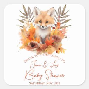 Sticker Carré Bois Fox verdure Aquarelle Baby shower feuille