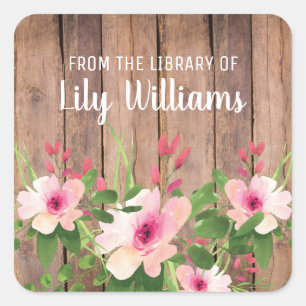 Sticker Carré Bois rustique Aquarelle Floral Library Plaques de 