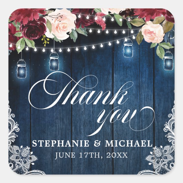 Sticker Carré Bois rustique Bourgogne Floral Mason Jar Mariage (Devant)