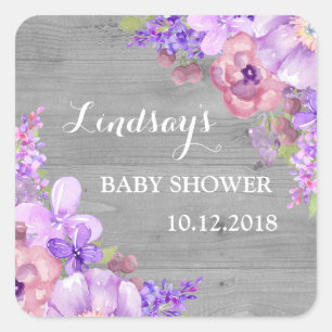 Sticker Carré Bois rustique violet Baby shower floral Favoriser