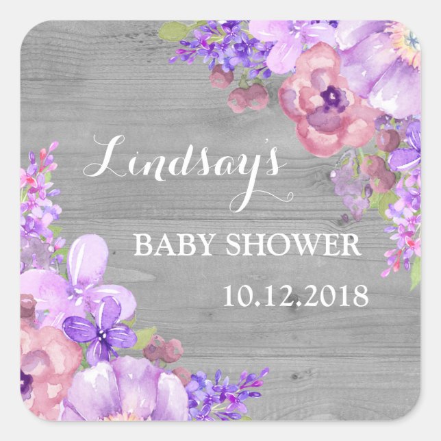 Sticker Carré Bois rustique violet Baby shower floral Favoriser  (Devant)
