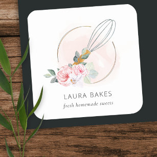 Sticker Carré Bois Whisk Blush Aquarelle Floral Chef Logo