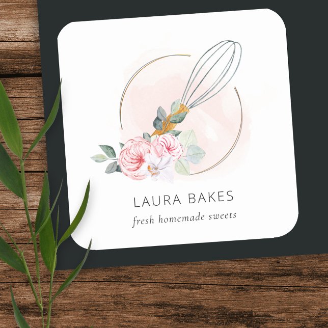 Sticker Carré Bois Whisk Blush Aquarelle Floral Chef Logo (Créateur téléchargé)
