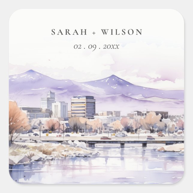 Sticker Carré Boise, Idaho Watercolor Landscape Wedding (Devant)