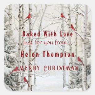 Sticker Carré Boisseaux blancs Forêt d'hiver Cardinaux rouges