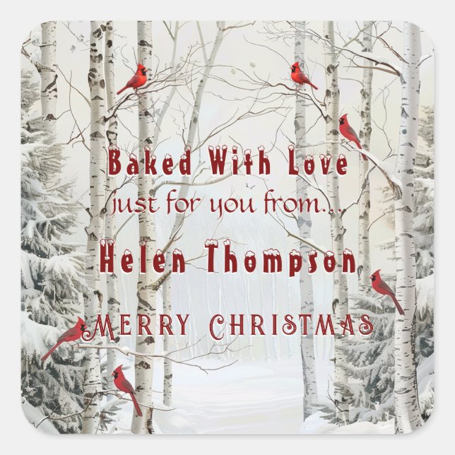 Sticker Carré Boisseaux blancs Forêt d'hiver Cardinaux rouges (Devant)